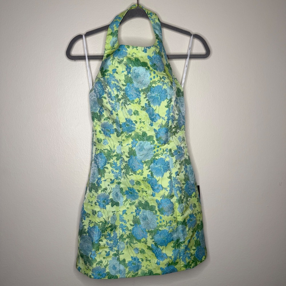 Lulus Lime Green Blue Floral Halter Mini Dress XS Backless - Picture 3 of 8